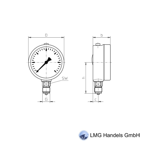 Manometer ø 100mm FIG1 +0 bis +010,0 bar G1/2 B unten, MS