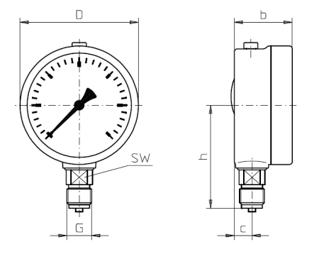 Rohrfeder Manometer FIG1 100 ohne Rand, Anschluß unten